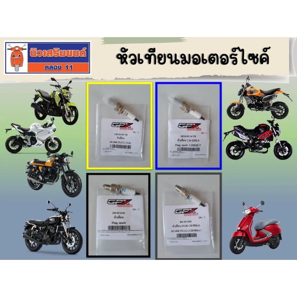 หัวเทียนมอเตอร์ไซค์ สำหรับ GPX Demon 125/150, CR5, Legend 150-200, Tuscany และ Drone