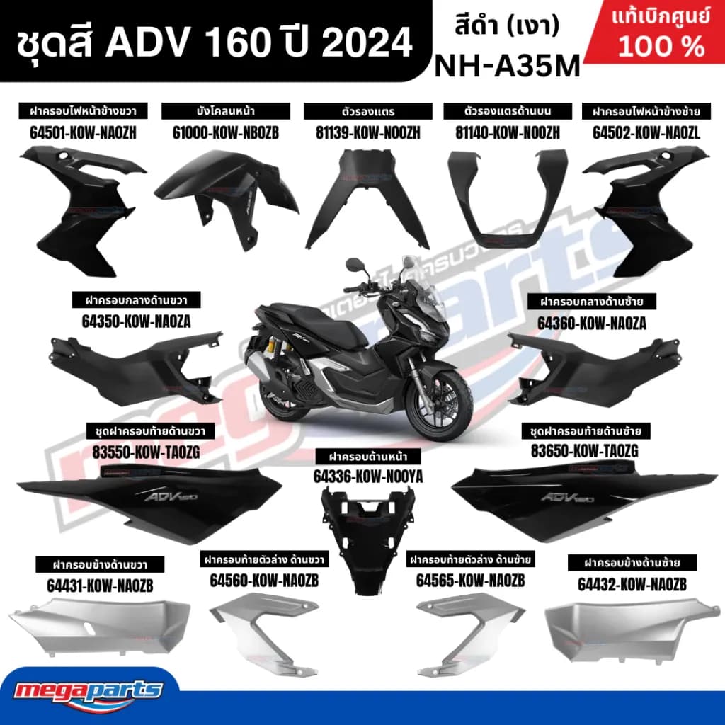 ชุดสีทั้งคัน HONDA ADV 160 ปี 2024 สีดำ รหัสสี NH-A35M แท้เบิกศูนย์ฮอนด้า 100% (Megaparts Store)