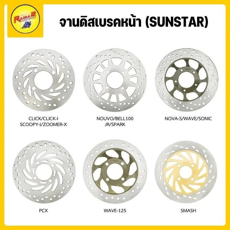 จานดิสเบรคหน้า SUNSTAR สำหรับ Honda Giorno, Click, PCX, Wave และ Yamaha NMAX, Fino, Mio (เลือกตามรุ่นรถ)