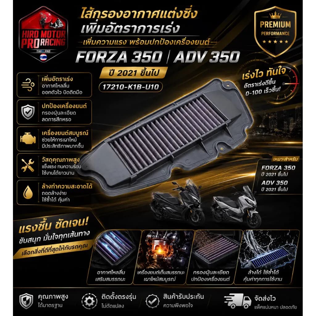 NitrouX ไส้กรองอากาศแต่งซิ่ง FORZA-350 / ADV-350 เพิ่มแรงต้น เร่งไว ถอดล้างได้ รุ่น Premium